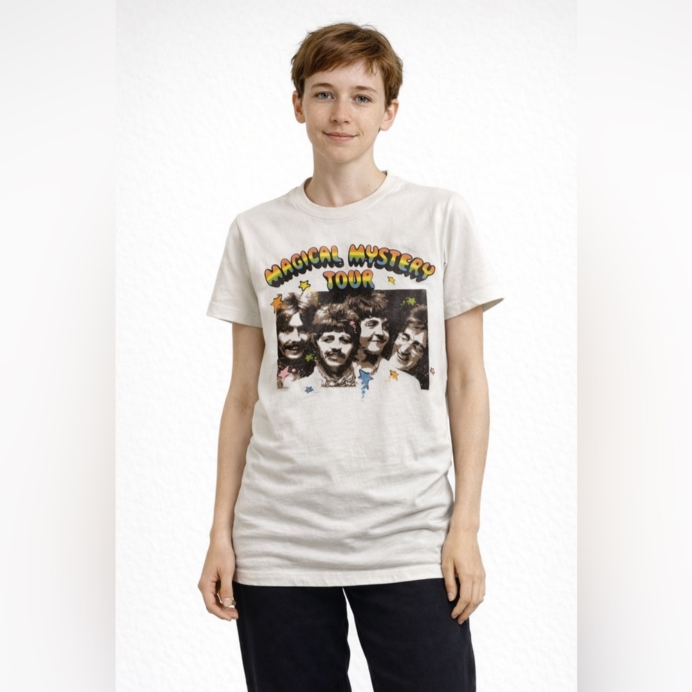 Beatles Magical Mystery Tour Graphic Tee XS Off-White Retro Band Shirt